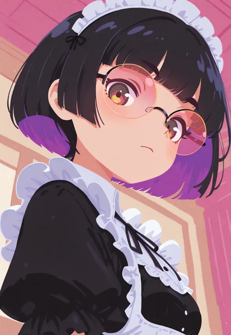 masterpiece, best quality, good quality, newest, highres, absurdres, very awa, vivid colors, flat color, 2D, strong lines, Pop Art, depth of field, focused subject, close up, stylized, 

in  neon shades, 1girl, maid clothes, black bobcut hair, large rimless round glasses,  looking at viewer, dynamic angle, from below, from side, relaxing, no lineart,no outline,
