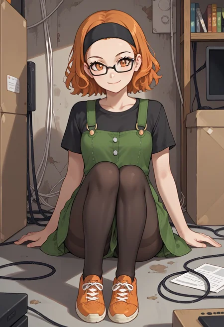 score_9, score_8_up, score_7_up, score_6_up, score_5_up, source_anime, anime_coloring, 2D, highres
pkmnlanette, 1girl, orange hair, short hair, black headband, orange eyes, black-framed eyewear, glasses, black t-shirt, green dress, overalls dress, buttons, black pantyhose, orange sneakers, forehead
indoors, computer room, computers, wires, cable box, dirty walls, bookshelves, messy background, detailed background, boxes, smiling, sitting, legs crossed, crumpled paper over the floor