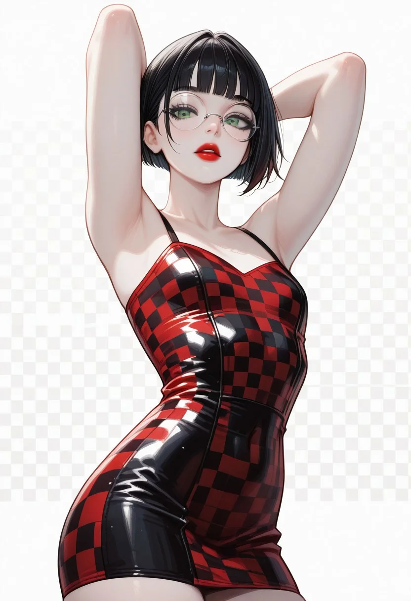 masterpiece, best quality, 32k, high resolution, absurdres, JeddtlIL, dtlys, hyper-detailed, Polly, PollyRH, short hair, bobcut, black hair, bangs, green eyes, small breasts, almost flat chest, slim, pale skin, big round eyeglasses, clear eyeglasses lenses, red lipgloss, black and white background, Checkered background, checkered tube dress, red and black dress, tight dress, pinup pose, shadow, aesthetic, cowboy shot, hands behind head, parted lips, dynamic shot,