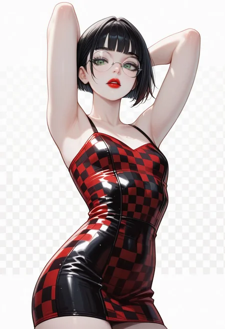 masterpiece, best quality, 32k, high resolution, absurdres, JeddtlIL, dtlys, hyper-detailed, Polly, PollyRH, short hair, bobcut, black hair, bangs, green eyes, small breasts, almost flat chest, slim, pale skin, big round eyeglasses, clear eyeglasses lenses, red lipgloss, black and white background, Checkered background, checkered tube dress, red and black dress, tight dress, pinup pose, shadow, aesthetic, cowboy shot, hands behind head, parted lips, dynamic shot,