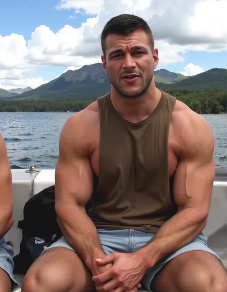 portrait of a man, JoshuaArmstrong , looking away, wearing an olive green drop arm tank top, DR0PARM, and denim shorts, introspective portrait, sitting on a boat on a peaceful mountain lake, brilliant light
<lora:joshua_armstrong:1> <lora:aidmaRealisticSkin:0.4> <lora:DropArmTank_rank16_bf16:1>