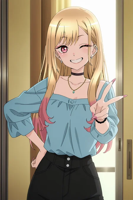 anime screencap, anime coloring, detailed face, masterpiece, best quality, very aesthetic, absurdres, volumetric lighting, official style, amazing quality, ultra detailed, highres, amazing quality, scenery, beautiful detailed hair, beautiful detailed eyes,
<lora:StS-Illustrious-Detail-Slider-v1.0:4>
<lora:Marin_Kitagawa_S1Arisa_Izayoi_cosplay_My_Dress-Up_Darling:1>, kitagawa marin,1girl, blonde hair, long hair, multicolored hair, red eyes, pink nails, nail polish, long fingernails, earrings, ear piercing, necklace, choker, barbell piercing, 
looking at the viewer, one eye closed, wink, V one hand, gyaru grin, cowboy shot
