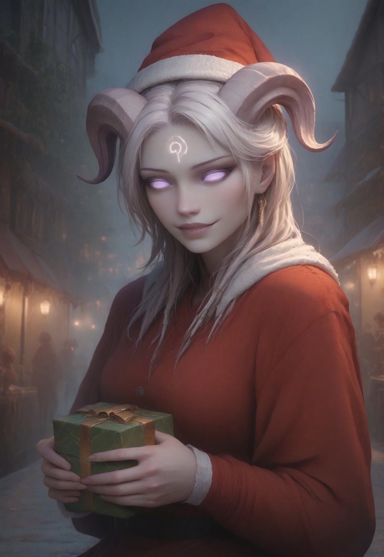 (absurdres, best quality, masterpiece:1.4), score_9, score_8_up, score_7_up, score_6_up, detailed, detailed body, detailed face, 
culDraenei, purple eyes, no sclera, no pupils, long ears,
Santa_Dress, Santa Hat, 
upper body, soft smile, holding a present, 
outdoors, fantasy market background, market stalls, food, snow, sunshine