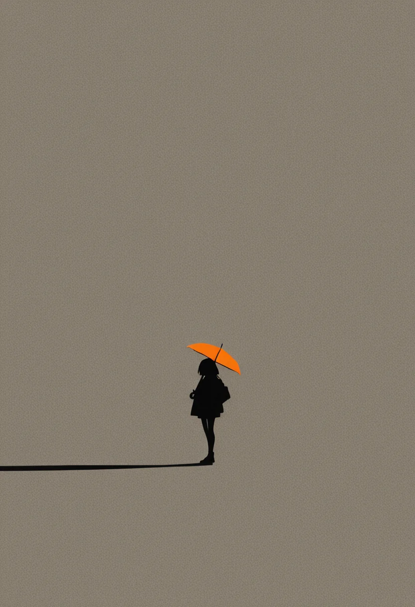 masterpiece, best quality, amazing quality, 1girl, closeup, orange umbrella, very aesthetic, absurdres, newest, high-contrast, intense shadow illustration, shiny, gloss, (flat color:1.3), (black outline:1.2), (bold, thick outlines:1.4), (smoky colors:0.5), intense shadow, detailed illustration