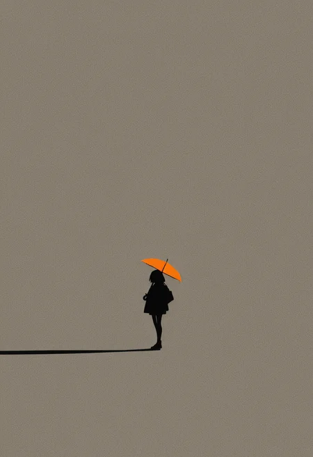 masterpiece, best quality, amazing quality, 1girl, closeup, orange umbrella, very aesthetic, absurdres, newest, high-contrast, intense shadow illustration, shiny, gloss, (flat color:1.3), (black outline:1.2), (bold, thick outlines:1.4), (smoky colors:0.5), intense shadow, detailed illustration