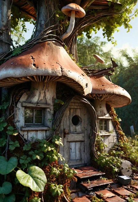 close-up mushroom house, hyperrealistic, texture, weathered wood, cracked roof tiles, rusted satellite dish, cracked solar panel, overgrown vines, dark forest, ray of sunlight