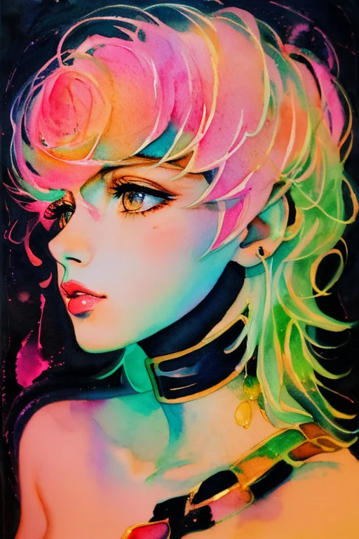 (8k, best quality, masterpiece:1.2),(best quality:1.0), (ultra highres:1.0), watercolor, trishuna, by agnes cecile, half body portrait, extremely luminous bright design, pastel colors, (ink:1.3), autumn lights