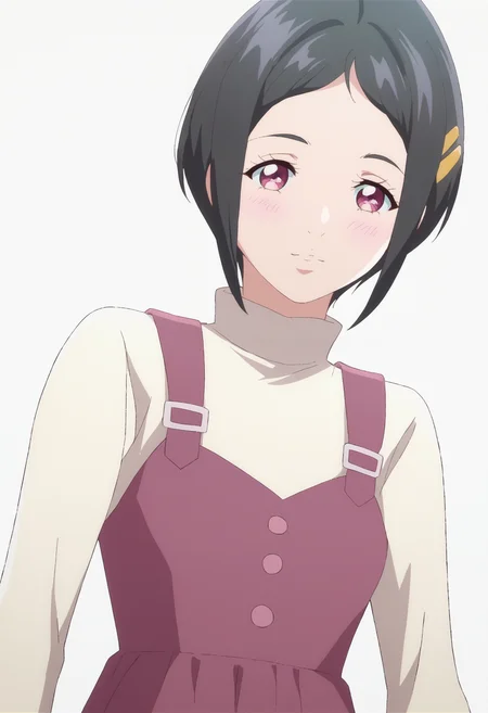 score_9, score_8_up, score_7_up, source_anime, BREAK white background,dynamic pose, looking at viewer, 1girl <lora:DX888Aoi-10:1>,kamimachi aoi, black hair,pink eyes, short hair, hairclip, dress, turtleneck, long sleeves, , smile, blush, dutch angle, standing,