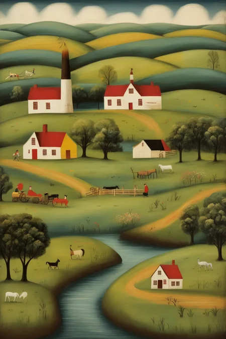 <lora:Folk Art:1>Folk Art - Creating a scenic drop of an early American landscape set in Iowa, painted in a folk art style. The backdrop depicts the picturesque countryside of early America in Iowa. The scene is captured in a folk art style, characterized by its simplicity, vibrant colors, and charming, naive depiction of the landscape. In the distance, rolling hills extend across the horizon, painted in shades of green and yellow. A quaint farmhouse sits at the center of the scene, its white walls and red roof standing out against the surrounding landscape. A tall windmill stands nearby, gently turning with the breeze. The foreground features a meandering river, painted in shades of blue and dotted with small, white ripples. Along the riverbanks, wildflowers and tall grasses sway in the breeze, adding pops of color to the scene. The sky above is painted in soft, pastel hues, with wisps of white clouds scattered across the blue expanse. The folk art style gives the scene a whimsical and nostalgic feel, as if it were painted by an early American artist capturing the beauty and simplicity of the rural countryside. This scenic drop is perfect for creating a warm and inviting setting for theatrical productions or events set in early America, particularly in the charming landscapes of Iowa. It evokes a sense of simplicity, tranquility, and harmony with nature, transporting the audience to a time when life was more connected to the land and the beauty of the American countryside.