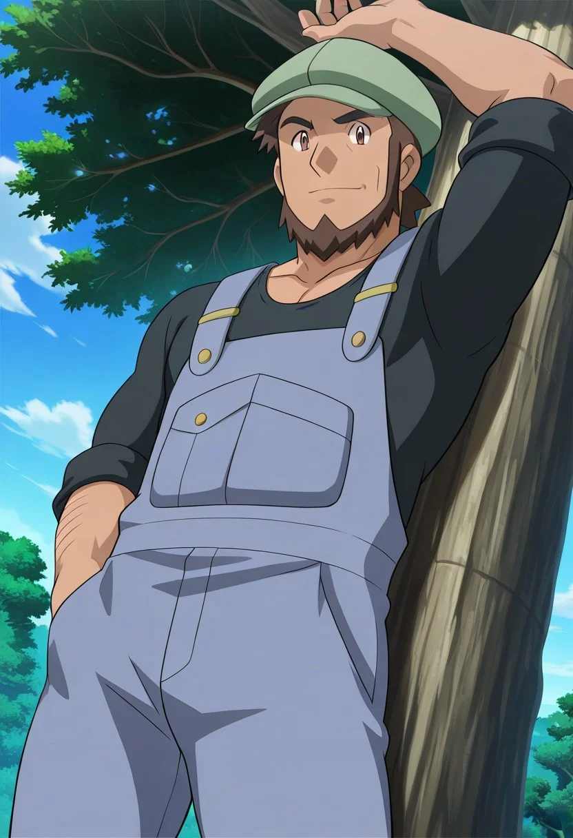 safe_pos, score_9, score_8_up, score_7_up, score_6_up, perfect anatomy, perfect proportions, best quality, masterpiece, high_resolution, high quality, best aesthetic, absurdres, highres, extremely detailed, huge filesize, solo male, adult, mature, masculine, manly, handsome, charming, alluring, standing, upper body, dutch angle, cowboy shot, perfect face, perfect eyes, source_anime \(Pokemon\), anime coloring \(Pokemon\), PKMMeyer, Meyer, brown hair, short hair, brown eyes, facial hair, chinstrap beard, blue overalls, black undershirt, sleeves rolled up, cabbie hat, green hat, brown shoes, single arm raised, leaning on tree, sexy, outdoor, nature, look at viewer, seductive_pose, low angle, from below