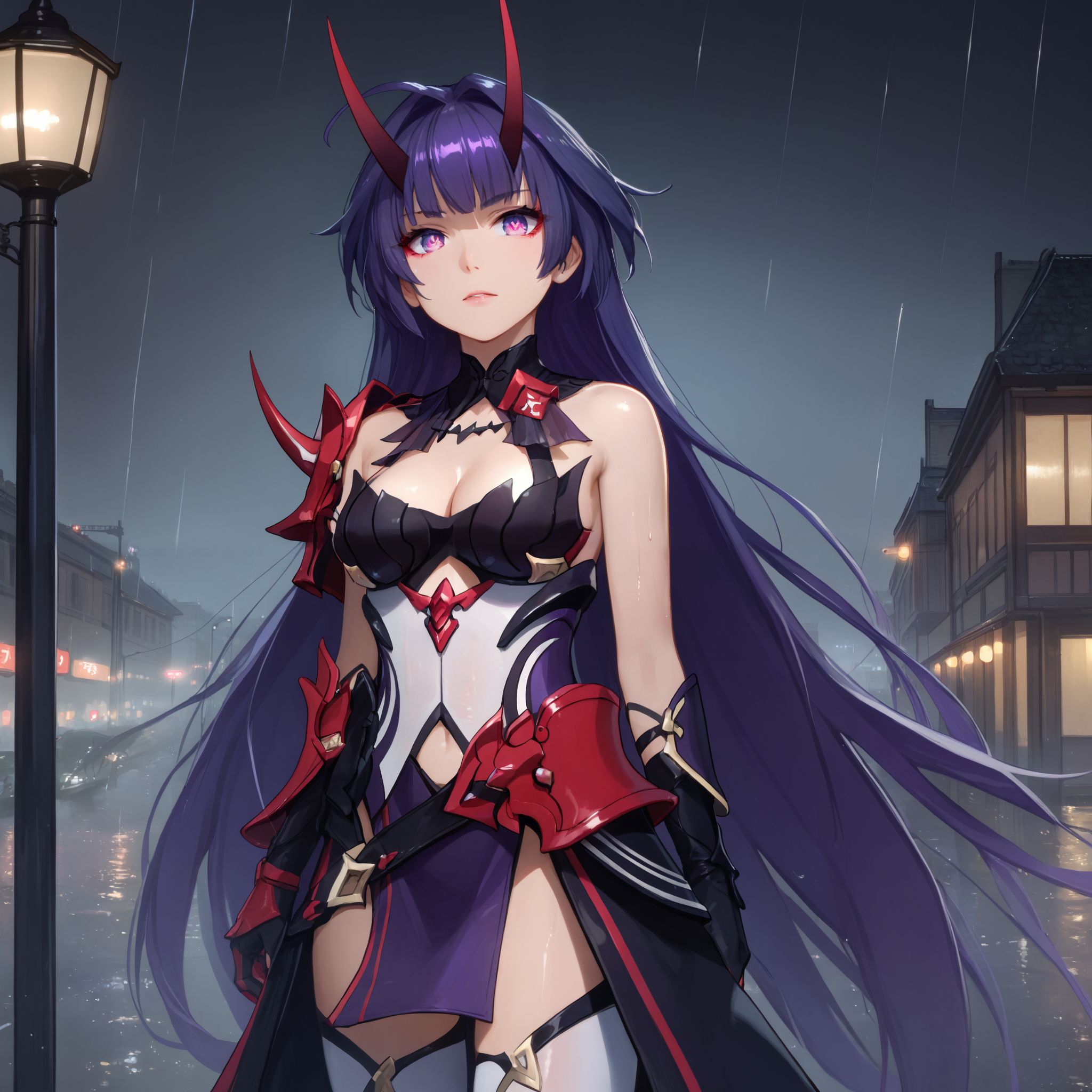 score_9, score_8_up, score_7_up, score_6_up, BREAK source_anime, looking at viewer, night, city, rain, thunder, 1girl, solo,  masterpiece, best quality, high detailed skin,   raiden mei, raiden mei \(herrscher of thunder\), long hair, purple hair, red horns, purple eyes, symbol-shaped pupils, japanese armor, cleavage, gauntlets, gloves, single gauntlet, cleavage, white thighhighs,
