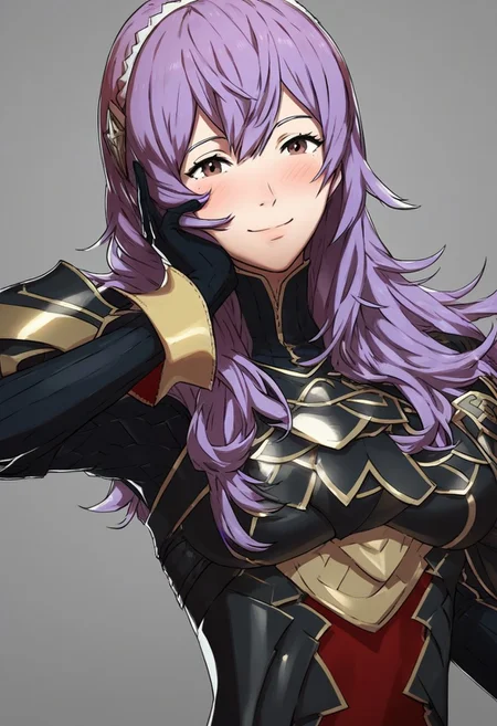 score_9, score_8_up, masterpiece,best quality,absurdres,firemblemStyle,solo,1girl,camille \(fire emblem\),purple hair, black armor,cleavale,large breasts,blushed,one hand on cheek,smile