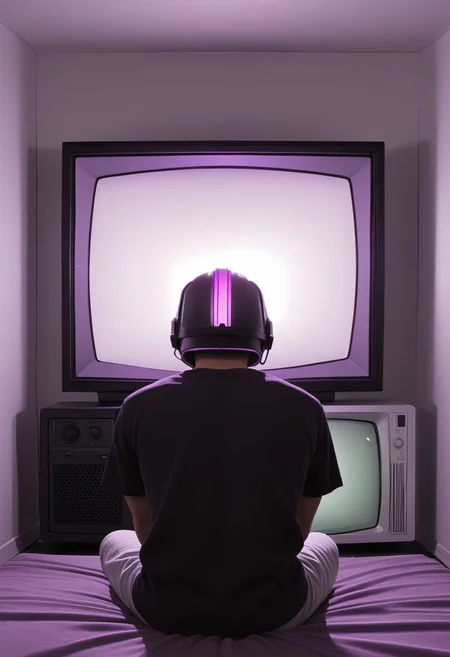 dzktxez, 1boy, male focus, purple theme, solo, from behind, window, silhouette, glowing, indoors, short sleeves, shirt, sitting, helmet, cyberpunk, wired in, retro, television, tv, zPDXL