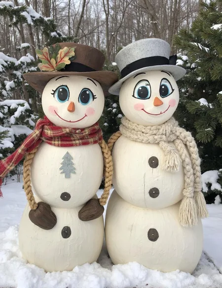 <lora:ck-LttleGhost-000011.safetensors:1> in the style of ck-lttlegh0stI present two 10-inch snowman figurines, crafted from durable materials for outdoor use. Their wooden limbs and mason-type face exude a rustic charm, while large eyes and stitched nose add playfulness. Warm smiles evoke a sense of friendly fun, perfect for winter scenes. A pair available in diverse expressions.