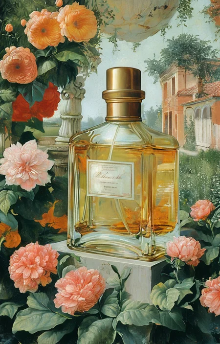 masterpiece,best quality,<lora:tbh197-sdxl:0.9>,illustration,style of Masaccio A bottle of perfume in garden