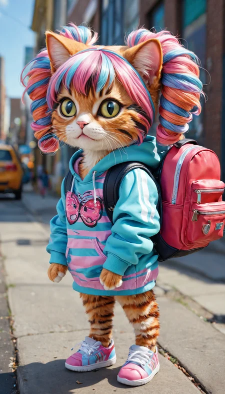 Hyperrealistic anthropomorphic cat wearing twintails wig, wearing stripe print urban clothing, high detail, dynamic composition, vibrant colors, intricate patterns, ultra-quality, street fashion, detailed textures, realistic fur, modern accessories, backpack, hoodie, realistic shadows, urban setting