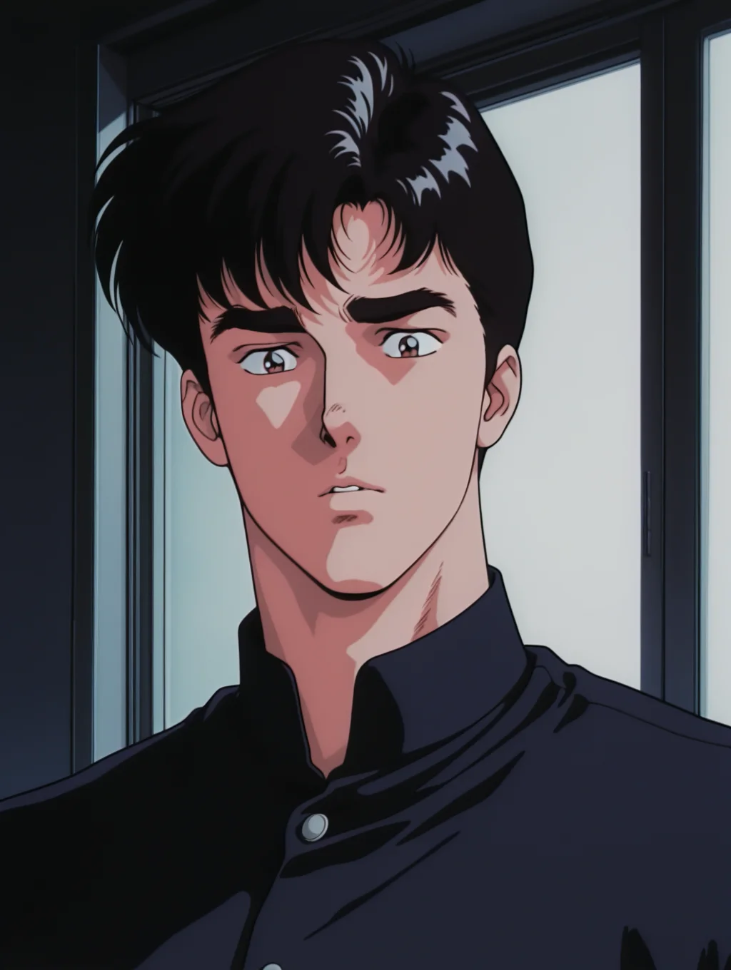 masterpiece, best quality, amazing quality, Yoh Hinomura, thick eyebrows, 1 boy, male focus, solo, 1990s \(style\)