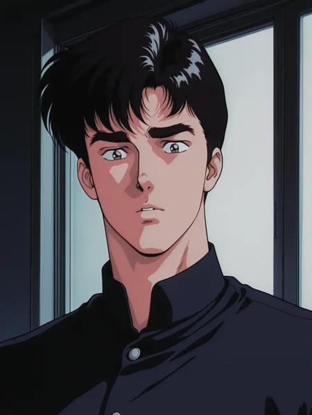 masterpiece, best quality, amazing quality, Yoh Hinomura, thick eyebrows, 1 boy, male focus, solo, 1990s \(style\)