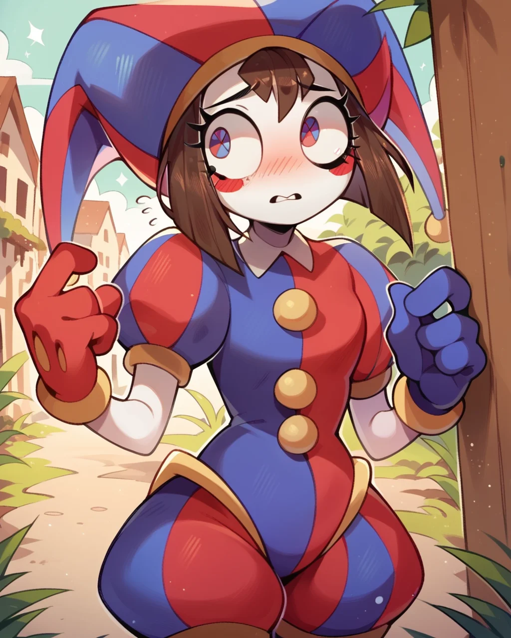 score_9, score_8_up, 1girl, solo, Pomni, brown hair, colored skin, white skin, blush stickers, jester cap, puffy short sleeves, gloves, zPDXL3, outdoors, <lora:Pomni_PDXL:1>