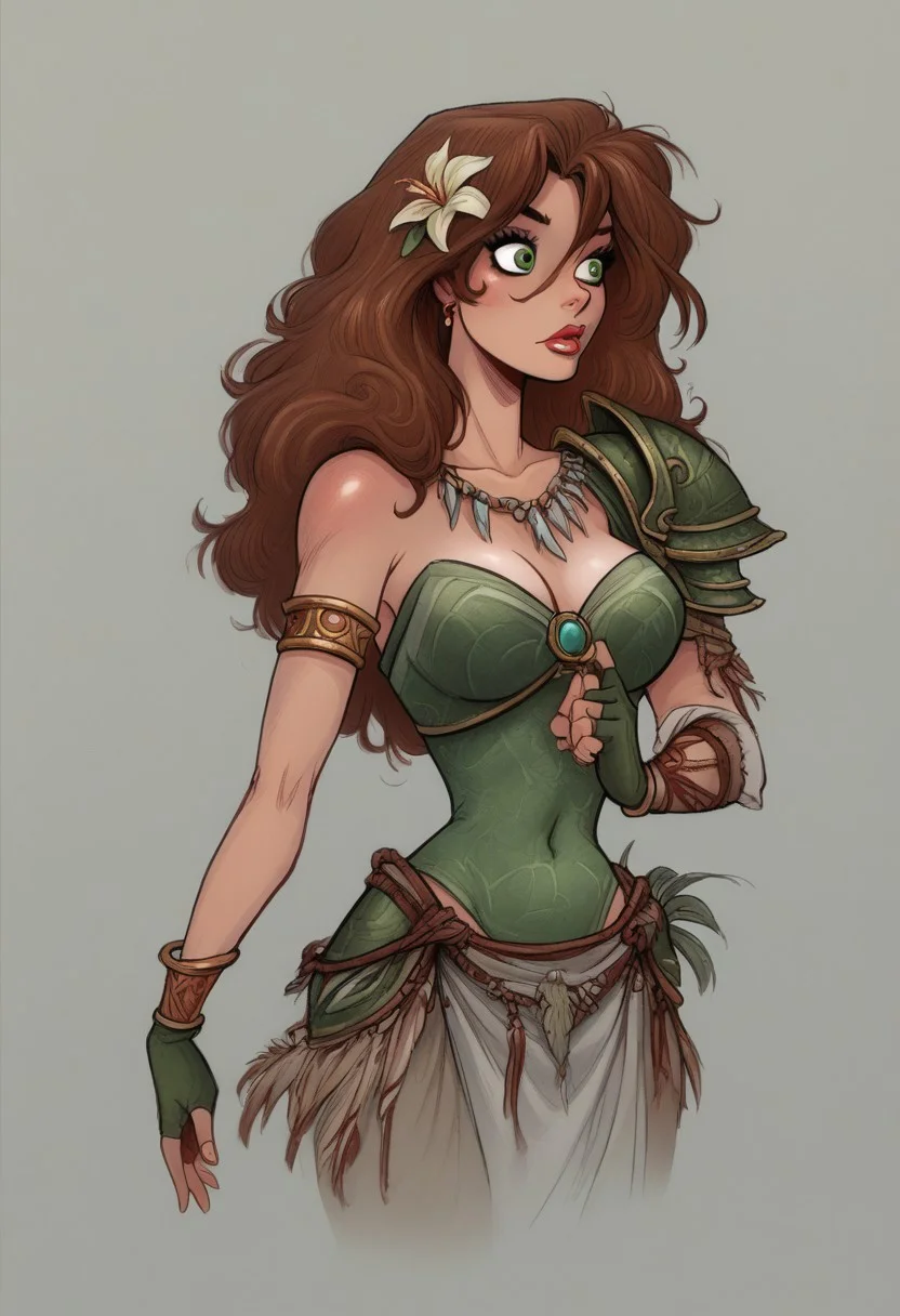 score_9, score_8_up, score_7_up, score_6_up, score_5_up, Flora_DG,, brown hair,long hair, green eyes, hair ornament, long hair, hair flower, makeup, , armlet, armor,bracelet, fingerless gloves, jewelry,shoulder armor, tribal,, dystlye, dean yeagle