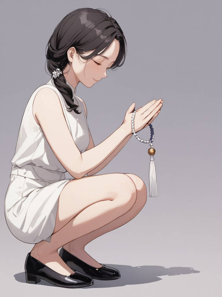 masterpiece,ultra-detailed,best quality,8K,illustration,cute face,clean skin ,shiny hair,girl,ultra-detailed-eyes,simple background, <lora:add-detail-xl:1> <lora:jyuzu_XL_V1.0:1> jyuzu, own hands together, holding, jewelry,from side,squatting,thighs,shoes,close eyes