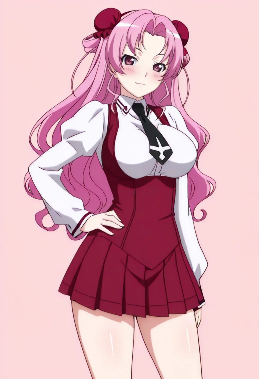masterpiece, best quality,
1girl, solo, cowboy shot,
standing, hand on own hips,
looking at viewer, blush, light smile,
<lora:Miyuri_Tsujido:1> M1y0r1Ts0j1d0, pink hair, double bun, long hair, pink eyes,
school uniform, necktie, skirt, pleated skirt, long sleeves,
pink background, simple background,