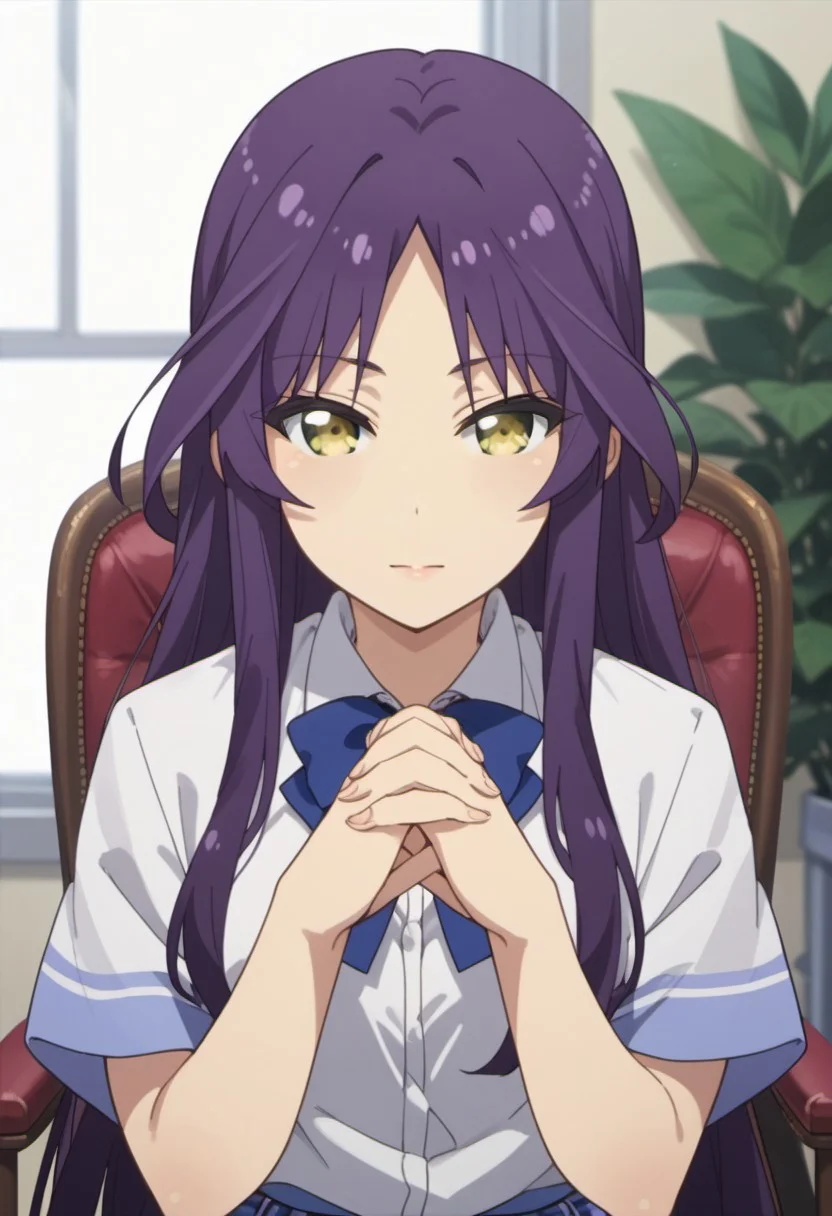score_9, score_8_up, score_7_up, source_anime, goshoin kyo, purple hair, yellow eyes, long hair, 1girl, solo, looking at viewer, own hands together, chair, interlocked fingers, own hands clasped, sitting, parted bangs, school uniform