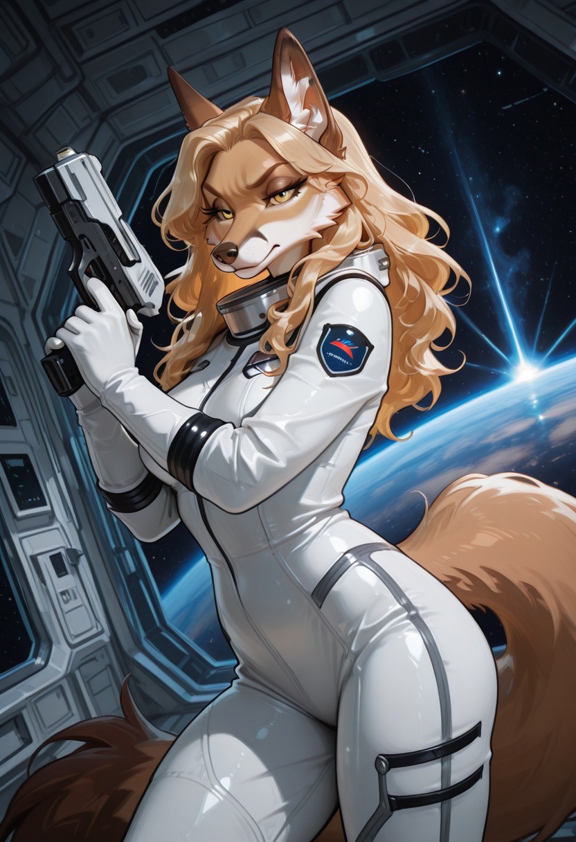 highly detailed, best quality, masterpiece, detailed background, detailed fur, detailed eyes, 1 anthro fox woman, Denebra, blonde hair, tan fur, brown ears, yellow eyes, fluffy tail, older woman, mature, white bodysuit, spacesuit, holding laser pistol, sci-fi pistol,
Floating, weightless, serious expression, dynamic pose,
futuristic background, outer space, space station,
close up, 
Variety,