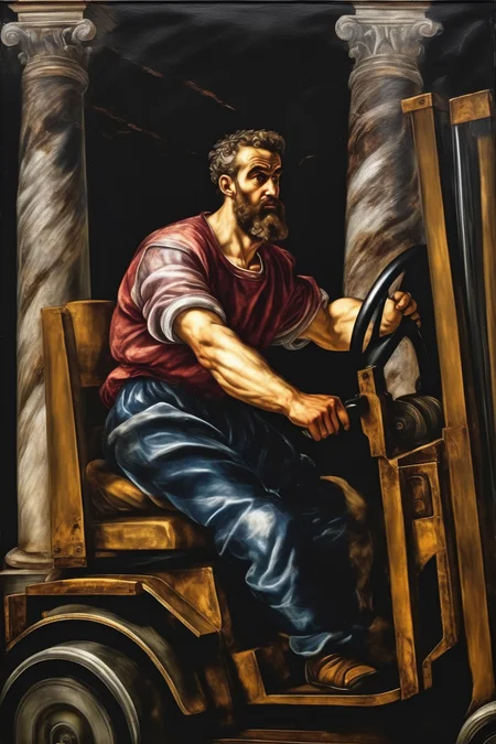 <lora:Tintoretto Style:1>Tintoretto Style - create an ancient painting in Tintoretto syle, that depict a man driving forklift
