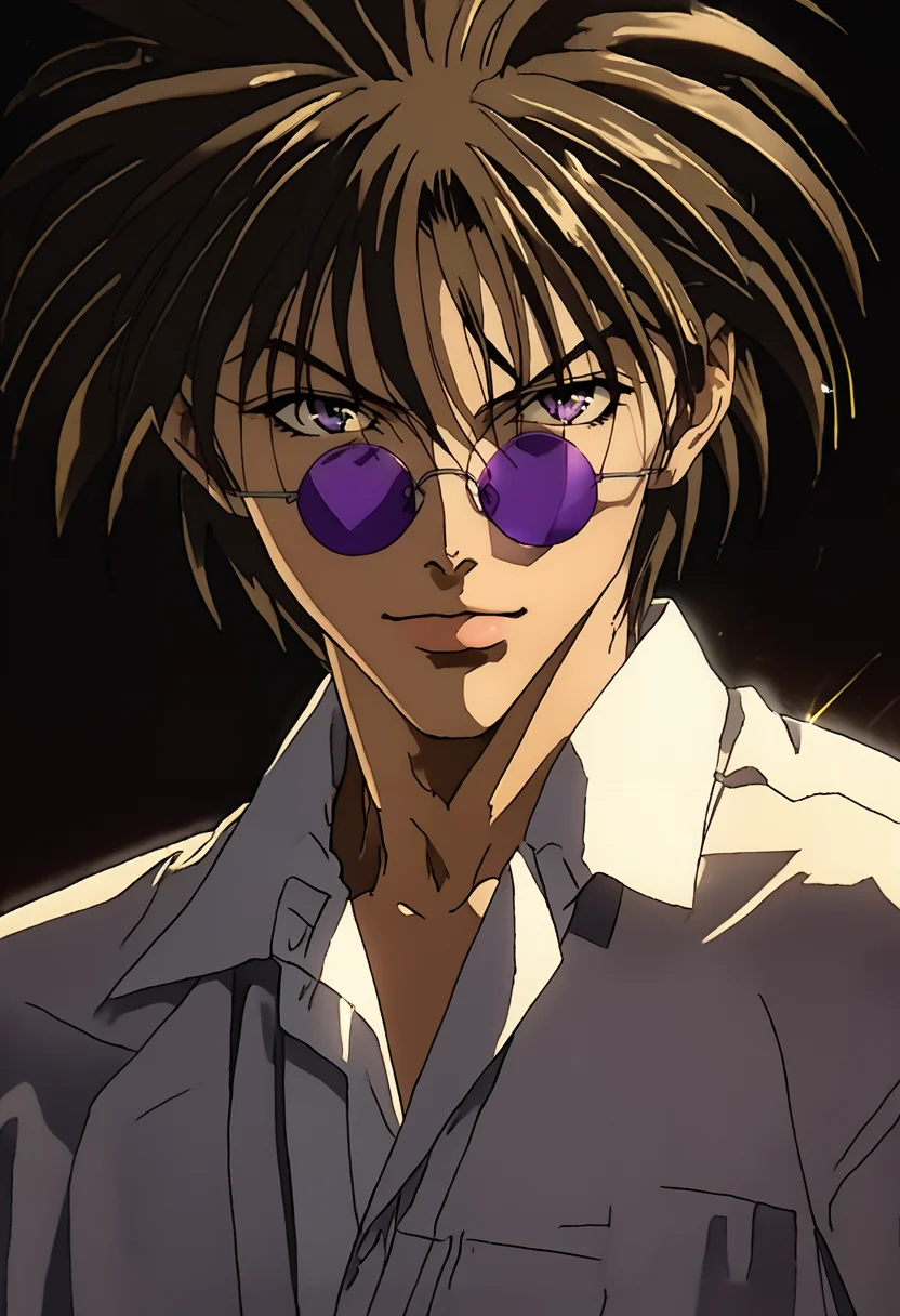 source_anime, (masterpiece), (best quality), score_9, score_8_up, score_7_up, (masterpiece:1.2), (best quality:1.3), 1boy, <lora:Ban_Midou_GetBackers-000005:0.8> banm_gbrs, sunglasses, violet aura, looking at viewer, portrait, simple background, retro, 1990s \(style\), white shirt, masterful composition, dynamic movement <lora:Anime Style (Vauxz) PONY:0.8>, low-key lighting, lo-fi, glow, dynamic cinematic lighting, ray_tracing, global illumination