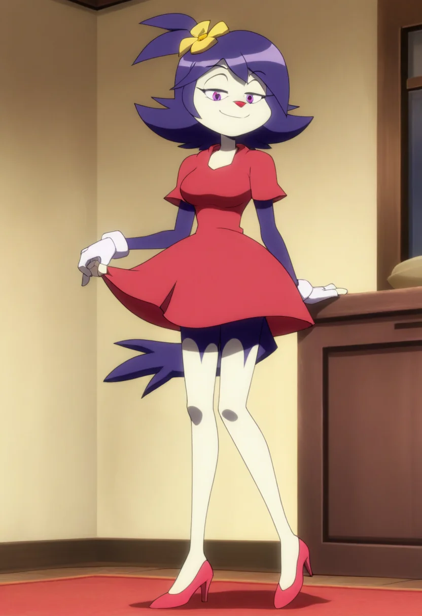 masterpiece, best quality, absurdes, 1girl, solo, full body,
(source_cartoon),
<lora:Dot Warner - Anime Dot (NoobAI):0.8>
Anime_Dot, purple hair, hair flower, violet eyes, tail, furry female, animal nose,
half-closed eyes, smile, mature female, red dress, high heels,
indoors,
<lora:Detailer_NoobAI_Incrs_v1:0.4> detailed,