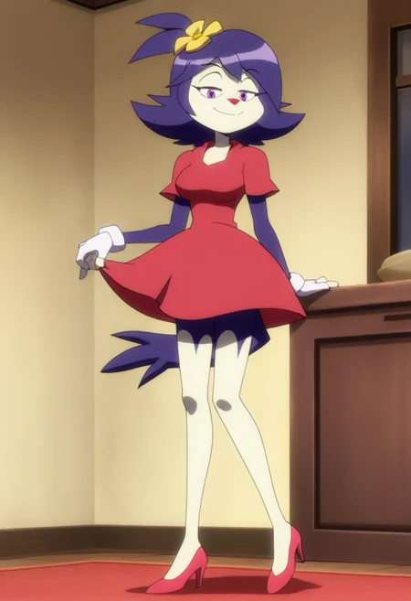 masterpiece, best quality, absurdes, 1girl, solo, full body,
(source_cartoon),
<lora:Dot Warner - Anime Dot (NoobAI):0.8>
Anime_Dot, purple hair, hair flower, violet eyes, tail, furry female, animal nose,
half-closed eyes, smile, mature female, red dress, high heels,
indoors, 
<lora:Detailer_NoobAI_Incrs_v1:0.4> detailed,