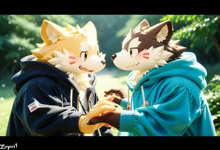 score_9, score_8_up, score_7_up, zPDXL3, ((((sdgs4by zuppu11)))), 2boys, duo, furry, cute, kemono, detailed background, park background, handshake, rating_safe
