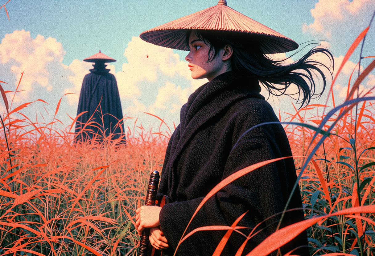 retro anime style, mythp0rt, in a dense field of swaying reeds, a female samurai stands poised for a confrontation with a distant figure—a mysterious opponent wearing a black cloak and a wide-brimmed bamboo hat. The samurai's hand rests firmly on the hilt of her sword, ready to draw it at a moment's notice. The strong wind sweeps through the tall reeds, making them bow and rustle while also whipping through the samurai's flowing hair and oversized attire. Her gaze is focused and determined, locked onto her opponent as the wind heightens the sense of anticipation. The atmosphere is charged with intensity, as both warriors prepare for the imminent clash, with the landscape itself seeming to hold its breath 