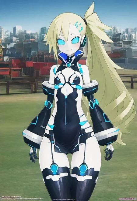 score_9, score_8_up, score_7_up, white outline, abstract background,(outline:0.7), girl, source-disgaea, disgaea style, outdoors, city, park, trees, skyscrapers, grass, sci fi background, sunny, clear blue sky, Cyborg girl, cyborgirl, android, detailed face, anime style, glowing eyes, ball jointed limbs, mechanical parts, mechanical arms, mechanical limbs, prosthetic limbs, prosthetic arms, prosthetic legs, techwear, scifioutfit, bioluminescence, Red glow. wire, hourglass figure, perfect hips, perfect thighs, long eyelashes, smug, thigh highs, small face, flat tummy, sexy legs, (1 girl, beautiful face,round face, perfectly round breasts,skinny body, incredibly cute, small breasts, detailed face, thigh gap, curvy,shy, seductive, half-closed eyes, lidded eyes, looking at viewer, (slim fit), Side pony tail, detached sleeves, red Chinese dress, garter straps, garter belt, black thigh highs, hairpin, mega side ponytail, big hair,