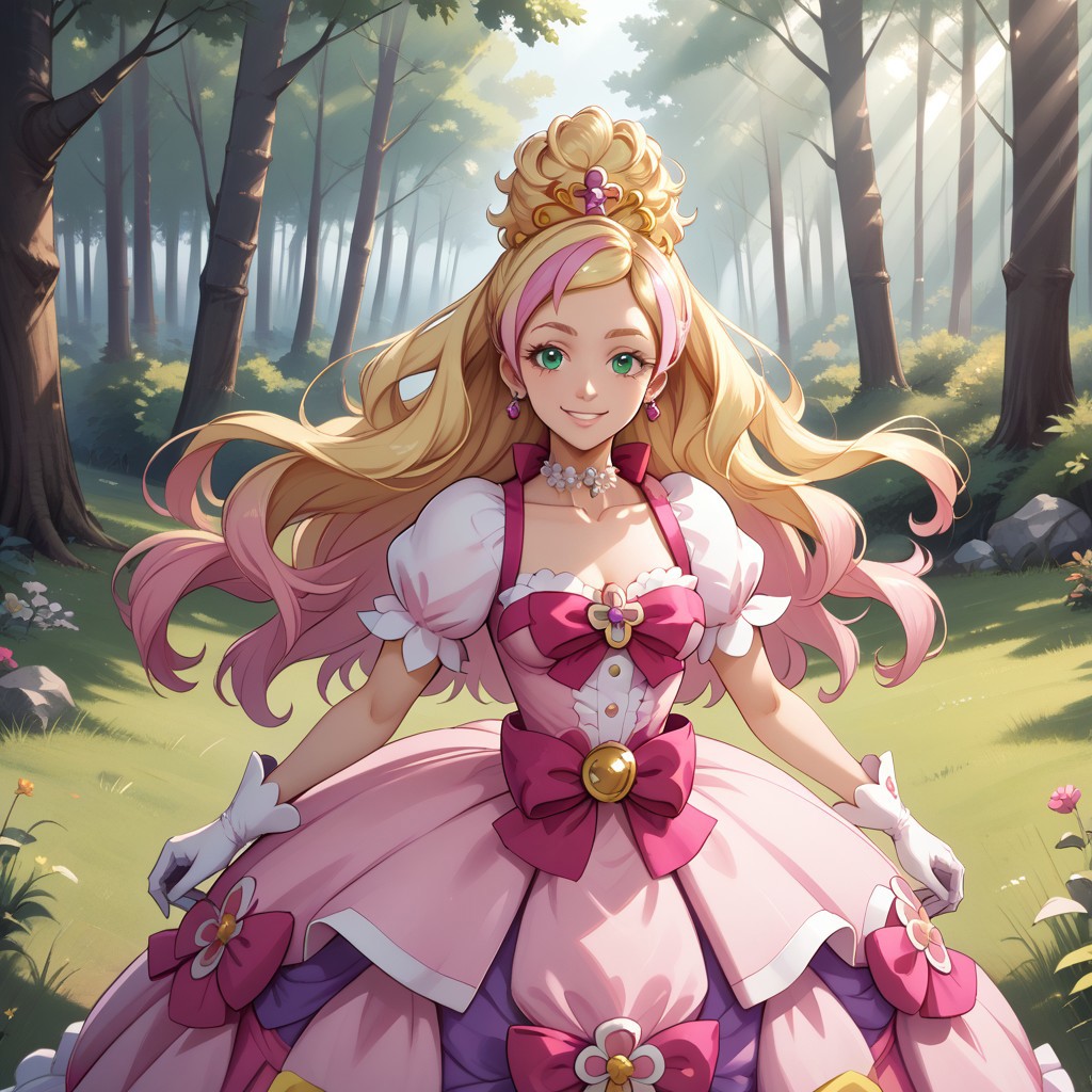 score_9, score_8, BREAK, solo, cure flora-ME,half updo,very long hair,gradient hair,blonde hair,pink hair,streaked hair,white gloves,earrings,puffy short sleeves,tiara, pink dress,white gloves,gown,waist bow,layered dress,pink bow,dress bow,dress flower,brooch,choker,green eyes,adult female,mature female,breasts, sexy pose, self portrait, smile, outdoors, sunlight, shadows, evening lighting, natural lighting, forest, trees, grass, orange sky, sunset
