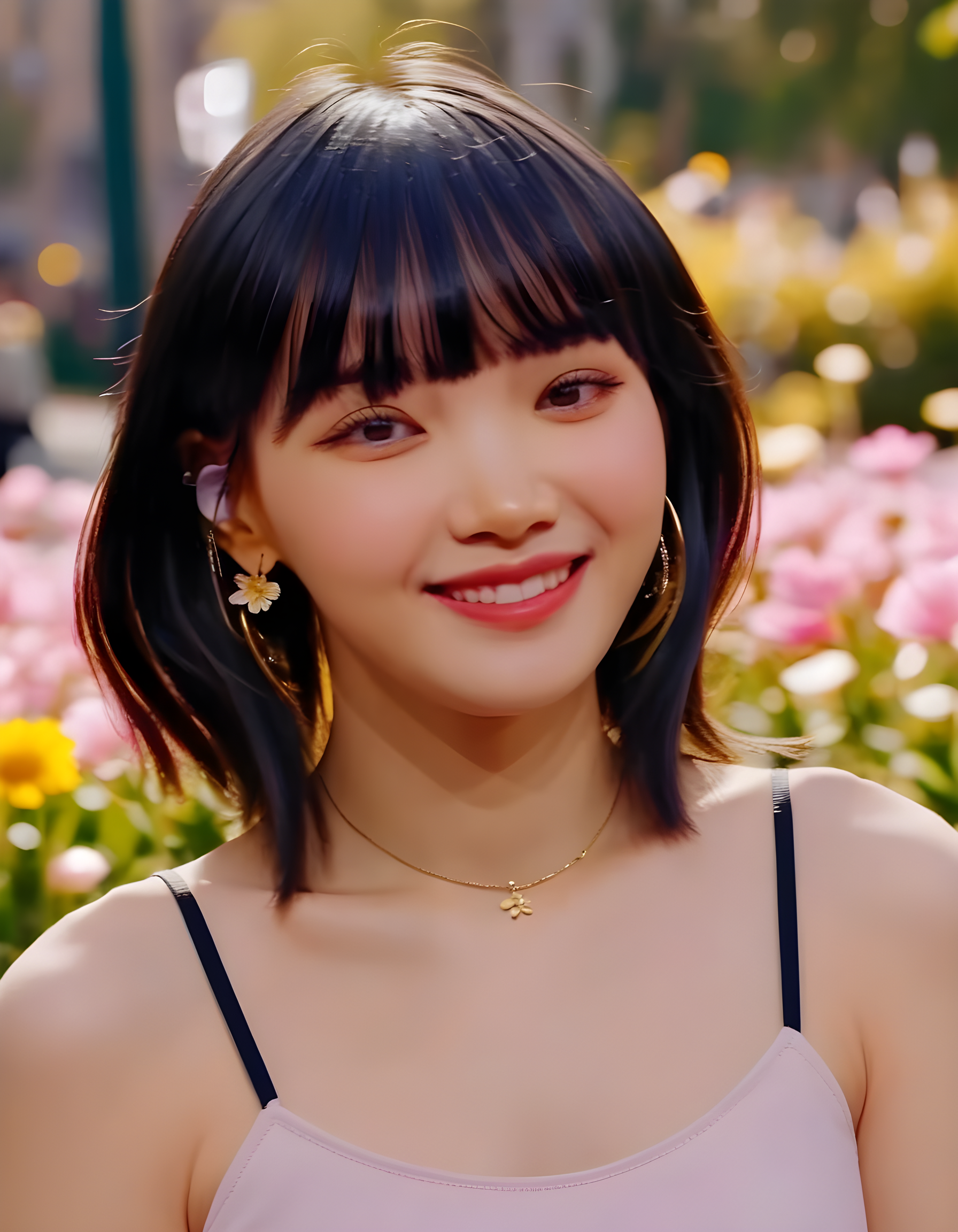 In a bustling city park under the soft glow of late afternoon sun, a striking woman named K1MCWYT, with black hair cascading into blunt bangs and eyes as dark as her tresses, is captured from an angle that slightly elevates the scene. She stands by a vibrant flower bed, her lips curved into a subtle smile, adorned with delicate earrings and a chic necklace, her gaze fixed on something beyond the frame, as petals gently flutter around her, creating a whimsical, golden-hued backdrop.