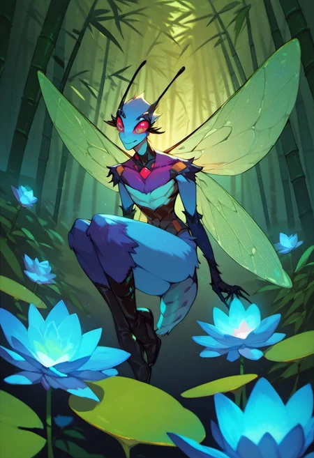score_9, score_8_up, score_7_up, score_6_up, dark faerie, flying at night, beautiful face with insect eyes, heavy black boots, highly detailed, blue lotus blossom, bamboo, insect wings, monster boy, cyan and magenta, colored skin, soft fur