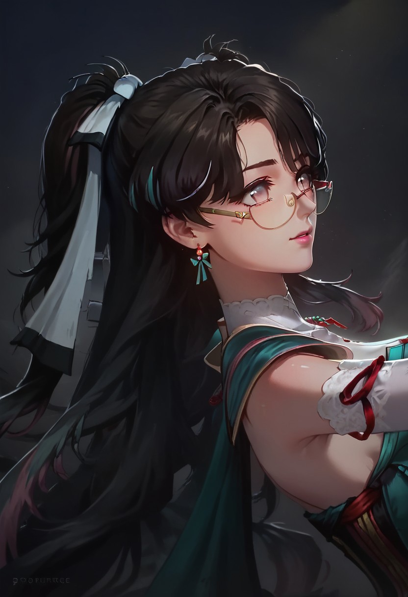 score_9, score_8_up, score_7_up, score_6, score_5, score_4, dynamic pose, cinematic lighting, volumetric lighting, high-detailed, 4k, concept art, digital art, realistic,
BREAK, detailed background, shiny skin, <lora:zhezhi.pony:0.8>, zhezhi, glasses, wedding dress, dark background, subtle lighting, focused spotlight, soft shadows, neutral atmosphere,
BREAK, aesthetic, wallpaper, high quality, gwentstyle, Expressiveh, concept art, realistic, dark theme, low light,