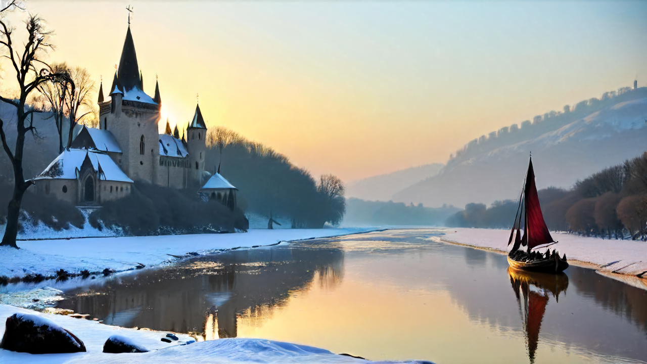 fantasy romania, Cinematic still, Princesscore, landscape of a (wide river used by keelboats:1.2) from inside of a Savanna, Winter, Vivid, Reflected light, F/2.8, Dota style, [impressionism art by Henri (Henry) Rogers, Stephen Quiller::7], <lora:EnvyPulpFantasyXL-prod-weighted.:1><lora:HorrorAI:0.41> gothichorrorAI, magic atmosphere, warm light, cinematic light, set logical ambient background