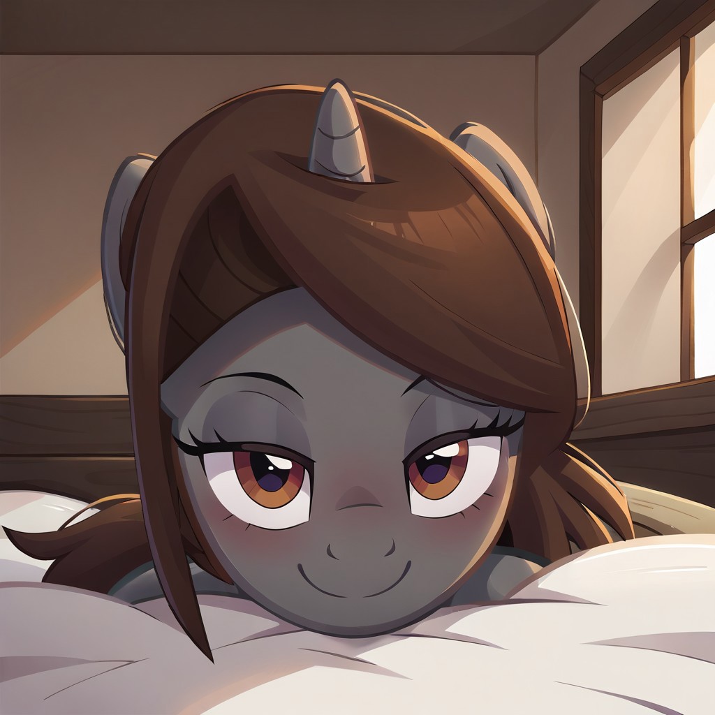 masterpiece, best quality, perfect detail, score_9, score_8_up, score_7_up, rating_suggestive, 1girl, source_cartoon, oc:sonata, pony, G4, female, show accurate, (inside bedroom), bed, on bed, solo, sexy, tail, lying on bed, butt, butt sticking out, exposed butt, ass up face down, pov, in heat, looking at you, smiling, closed mouth, lidded eyes, head facing you, head on