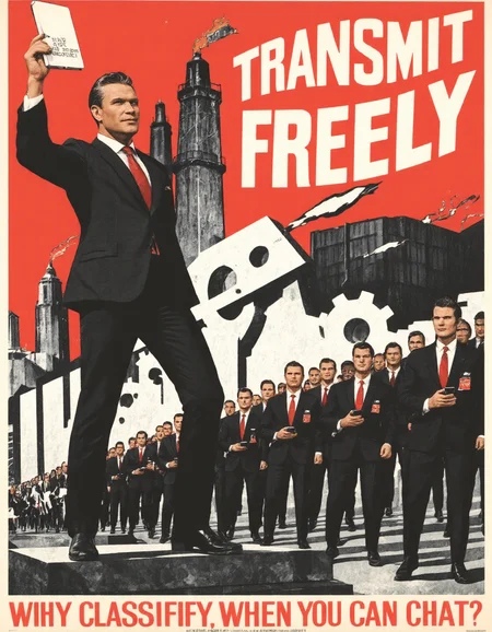 A vintage-style Soviet propaganda poster rendered in bold, saturated red and black tones, featuring Pete Hegseth, a stern-faced man with a neatly trimmed beard, dressed in a dark suit and red tie. He stands proudly on a marble platform, one foot forward in a dynamic pose, holding a glowing smartphone aloft in his right hand like a torch of truth. His left hand clutches a document stamped “TOP SECRET,” torn and fluttering in the wind.

Behind him, massive stylized gears and smokestacks loom beneath a crimson sky, symbolizing the industrious machinery of unfiltered communication. Bright text arches overhead: “Transmit Freely!”.

A line of heroic workers in suits with messenger apps open on their phones march forward with confident expressions. One man wears a red armband reading "Encrypted...Enough."

The artwork is created in a socialist realist style, reminiscent of 1930s Soviet posters: thick lines, exaggerated anatomy, stylized forms, and patriotic motifs. The composition emphasizes bold diagonals and upward motion, evoking a sense of progress and triumph.

The tagline at the bottom reads in block red lettering:
“WHY CLASSIFY, WHEN YOU CAN CHAT?”

agitprop parody, satirical, retrofuturist irony, hyper-stylized political iconography, socialist realism, illustrated in a clean vectorized format with vintage paper texture and minimal white space