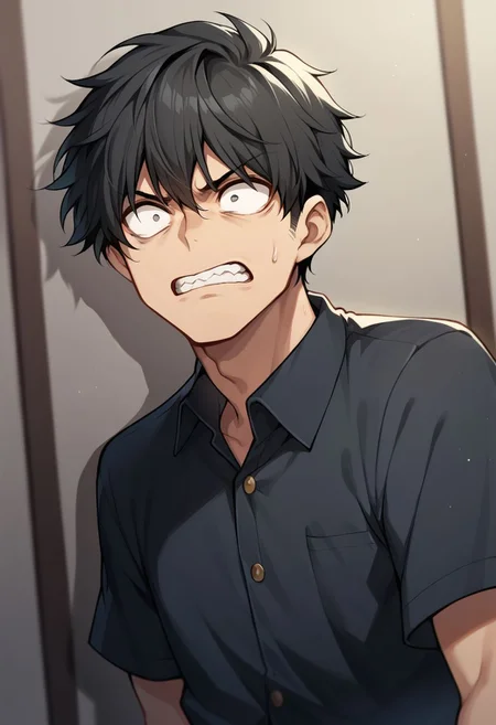 score_9, score_8, score_7, constricted pupils, black hair, bow, 1boy, solo focus, skirt, teeth, hetero, upper body, short hair