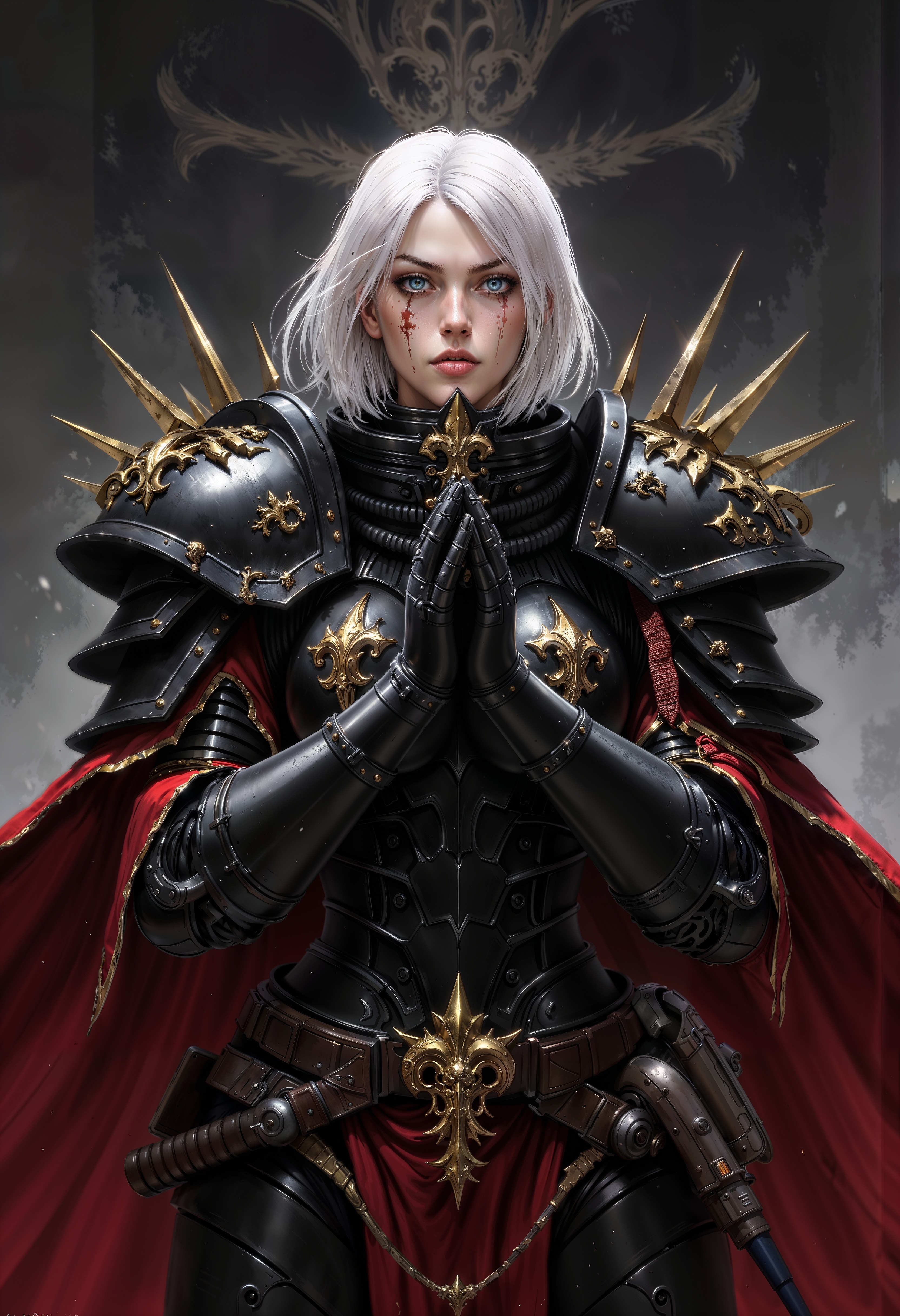 SisB40K, a female character with pale skin and silver-white hair, wearing ornate black and gold armor adorned with spikes. She has a stern expression with a cross-shaped scar above her right eye. Her hands are clasped together in a praying gesture. A red cape flows from her shoulders. The background is a dark, smoky gray. The art style is detailed and realistic, with a focus on intricate armor designs.  <lora:FluxSisB40K:1> <lora:FluxMythP0rtr4itStyle:0.7>