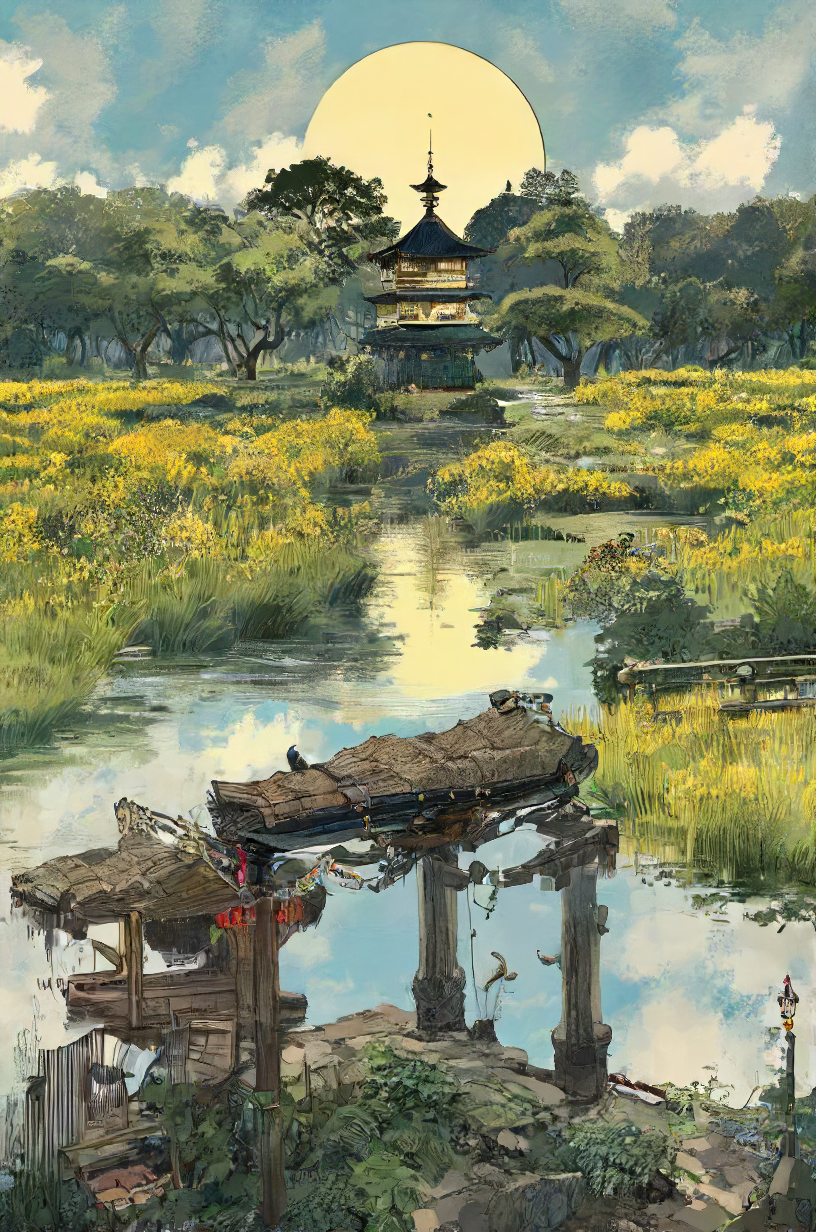 studio ghibli, infuriating puzzle, darkest small necropolis night of the envy sitting hiding tiny dead wast (landscape:1.1), moon, eclipse, fog, lovely day of the happy living thriving busy (village:1.1) city, sun, god-rays, highly detailed, landscape, panorama, wide-angle, moody, atmospheric, masterpiece, high resolution, hdr, 8k, composition, shadows, clouds ,  <lora:- SDXL - lentclr_effect_V1.0:.6>
