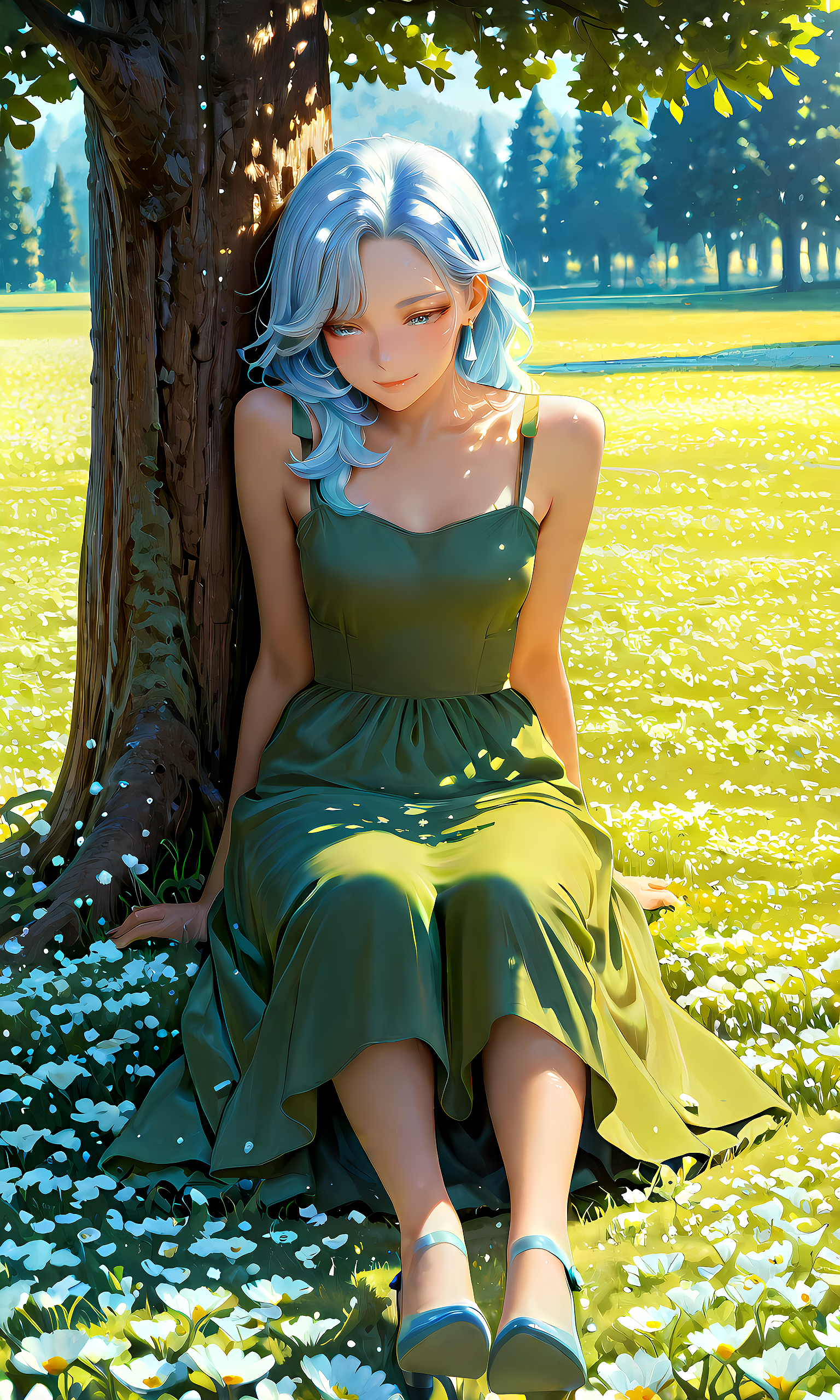mature girl, white hair, light blue hair tips, blue eyes, sitting in the park, on a flower meadow, ((wearing a green summerdress, strawhat, light-blue heels)), surrounded by soft sunlight, single tree behind her, rating_explicit, detailed character design, vibrant colors, IL_lazypos, masterpiece, best quality, detailed face, detailed eyes, 4k, 8k, very aesthetic, absurdres, <lora:IL_Midjourney_Niji_Anime_model_style_for_IllustriousXL__Mix_of_V5__V6:1.0>, <lora:IL_Smooth_Booster_v2:0.5>, <lora:IL_bra_embellishment_enhancer_illustrious_v03a:0.5>, <lora:IL_quality_modifiers_masterpieces_v1:1.0>