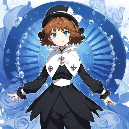 anime coloring, score_9, score_8_up, score_7_up, score_6_up,  mallybath blackbell, toaru, 1girl, solo, hat, brown hair, smile, short hair, blue eyes, capelet, looking at viewer, black headwear, long sleeves, pants, cosplay, dress, bow, closed mouth, standing, black pants