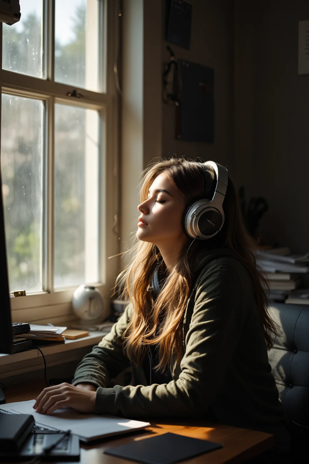 score_9, score_8_up, score_7_up,young woman wearing headphones next to a bright window seated at a cluttered desk eyes closed contemplative and serene