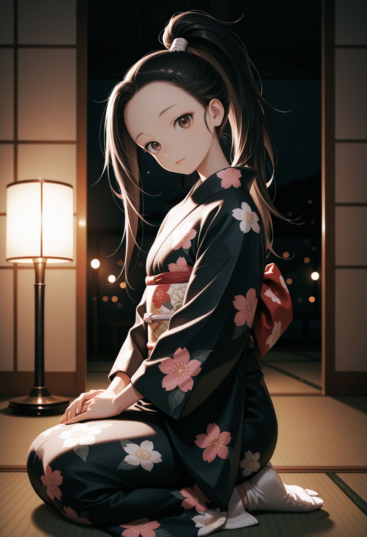 masterpiece,best quality,absurdres,highres,very aesthetic,high quality,detailed,insanely detailed,beautiful,perfect lighting, ,depth of field,blurry background,bokeh, looking at viewer, 
 <lora:Tsubaki illu:1> 1girl, black hair, high ponytail, long hair, brown eyes, forehead, kimono, floral print, head tilt, hands together, tabi, seiza, sitting on tatami, looking at viewer, (from side:0.2), indoors, japanese room, lamp, (dark theme, low light:1.1),