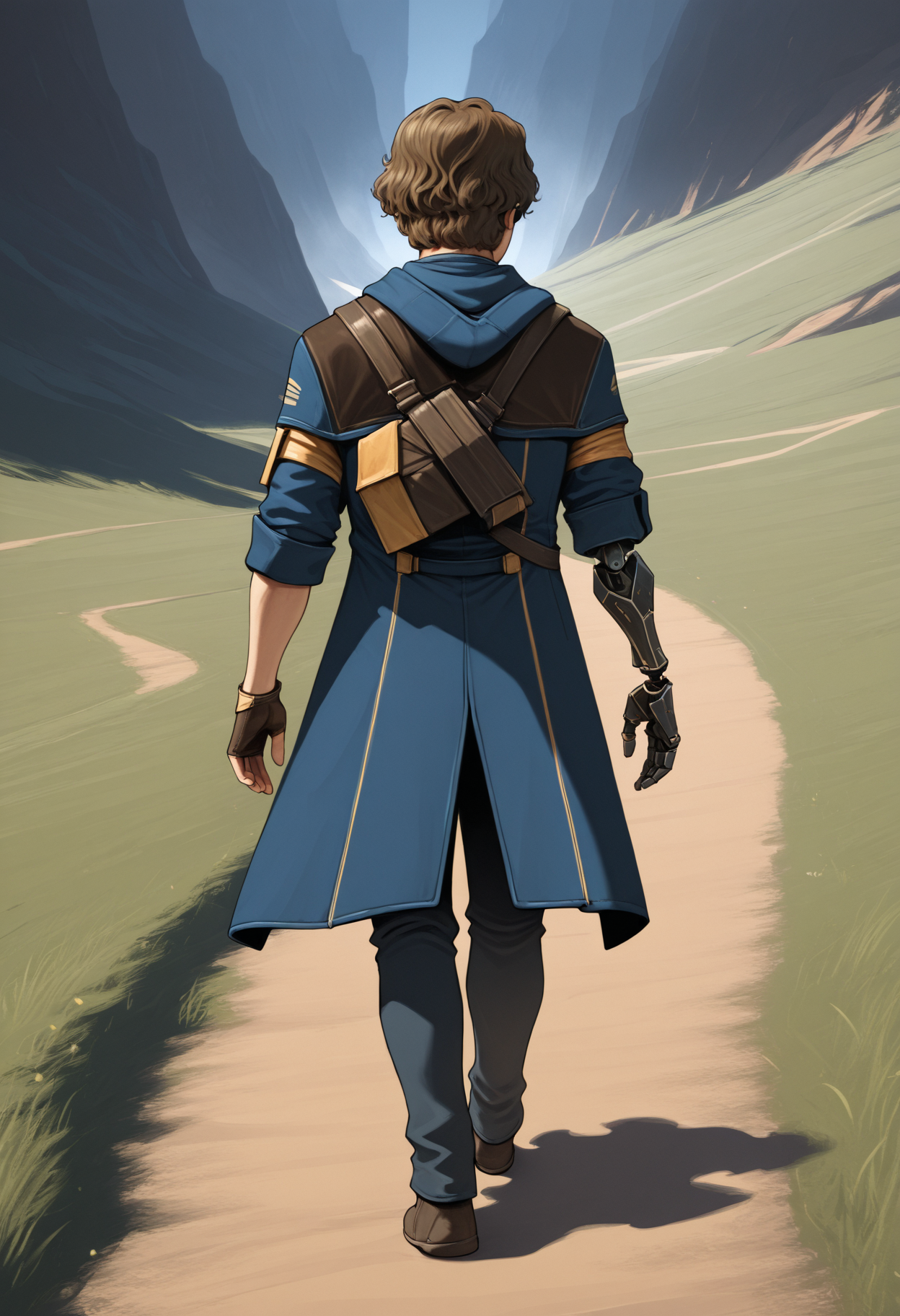 masterpiece, best quality, amazing quality, 1boy, <lora:gustav_illustrious_byJaneB:1>, gustav,
coat, single mechanical arm, single fingerless glove, pants, , from behind, , , trek, trail, walking, path